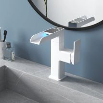 Ledander Robinet De Salle De Bain Led, Robinet Cascade Avec Affichage De La Température, Mitigeur Monocommande, Robinet D'Eau Chaude Et Froide - Blanc