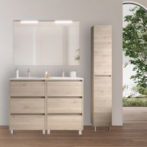 Mueble De Baño De Pie 120 Cm En Madera Natural Con Lavabo Incorporado - Nova - Con Espejo Y Doble Lámpara Led