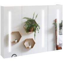 Kleankin - Armario Con Espejo De Baño Con Luz Led Mueble De Pared Colgante Con 3 Puertas Estantes Ajustables Interruptor Táctil Y Usb 90x15x70 Cm