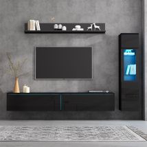 Conjunto De Tv De Pared De 3 Piezas, 180 Cm, Con Vitrina Y Estante, Iluminación Led Rgb, Negro, Tablero De Partículas