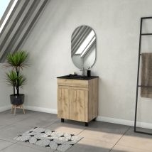 Mueble De Baño 60cm Con 2 Puertas Aspecto Roble Natural + Lavabo Negro Y Espejo Ovalado