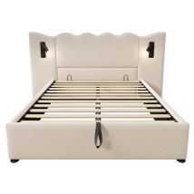 Cama Matrimonial Acolchada 160 X 200 Con Luz De Lectura Y Cargador Usb Type-c, Beige, Lino