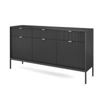 Sideboard 150 Cm Galla - Dreitürige Kommode Mit Schubladen - Beinen, Geriffelten Fronten & Goldene Griffe (schwarz + Schwarz)
