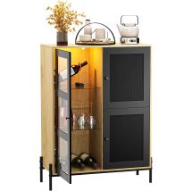 Uev Credenza Cucina Con Porta Bicchieri Con Led Regolabile, Mobile Bar Per Casa Multifunzionale Con Ripiani Modulari In Legno E Vetro, Struttura 