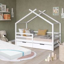 Hausbett Luni, Weiß, 160 X 80 Cm Mit Aufbewahrungskästen Und Matratze, Vitalispa