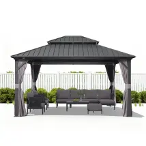Purple Leaf 4.25 X 3.65 M Pergola Économique De Jardin En Aluminium À Toit Rigide, Tonnelle Avec Moustiquaire Et Rideaux, Pavillon Double Toit, Gris