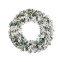 Snowy Green Lit Christmas Door Wreath - Warm White Leds - 50cm Diameter
