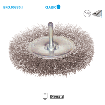 Leman Rundbürste aus gewelltem Edelstahlfaden ø 100mm – Schaft 6mm – Länge 30mm – Draht 0,30mm – 9 Ep.