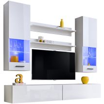 Extreme Furniture, Système Mural Fly, (lxhxp): 200 X 195 X 41.5, Carcasse En Blanc Mat, Façades En Blanc Brillant, Led Multicolores Avec Télécommande