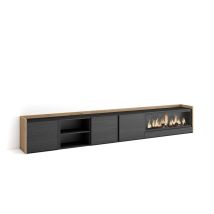 Skraut Home - Mobile Tv Soggiorno, Ampio Spazio A Disposizione, 315x35x50cm, Per Tv Fino A 80", Camino Elettrico Xxl, Stile Moderno, Nero E Rovere