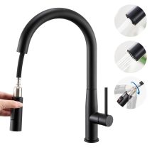Auralum Grifo Cocina Extraíble De Acero Inoxidable Negro, Grifo De Cocina Con Ducha Extraíble 45cm, 360° Giratorio Fregadero Monomando Cocina Con 