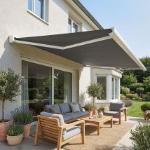 Store Banne Coffre Intégral Celeste (motorisation À Télécommande + Manœuvre De Secours - Blanc Ral 9010 - Gris Foncé 250g/m² - 5.00 X 3.00 M)