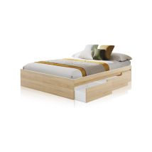 Cama Four con 4 Cajones de Almacenaje 156x196 cm - Melamina Alta Calidad - Blanco Artik/Roble Canadian