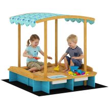 Aiyaplay Arenero Para Niños De Madera Con Techo, Arenero Infantil Con 3 Bancos, 2 Cajas De Pp, Forro, Para Niños De 3-6 Años, 128x118x121 Cm, Azul