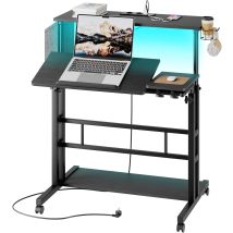 Dripex Bureau Debout Réglable En Hauteur Avec Prises, Bureau Assis-debout Avec Roulettes, Plateau Inclinable, 80 X 60 Cm, Pour Ordinateur Portable, 