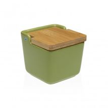 Salero de cerámica verde oliva con tapa de bambú – 8,8 x 8,8 x 8,5 cm