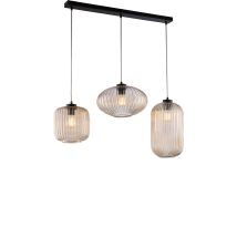 Binario In Ferro Laccato Nero Con Cavi Elettrici Regolabili E Diffusori In Vetro Soffiato Ambra Con Decoro Rigatura In Rilievo 3 Luci