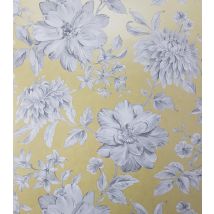 Crown - Yellow Floral Wallpaper White Grey Flowers Pearlescent Metallic Lucia
