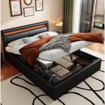 Lit Adulte Rangement Coffre 140x190 Led Pu Noir Okmyhome