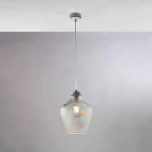Sospensione In Ferro Laccato Bianco Con Cavo Elettrico Regolabile E Diffusore In Vetro Soffiato Trasparente Con Decoro In Rilievo 1 Luce H.35 - Max 