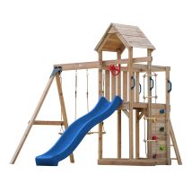 Axi Moos Aire De Jeux En Bois Avec 2 Balançoires, Echelle En Corde, Toboggan Bleu / Aire De Jeux Extérieur Avec Balançoires/ Bac À Sable/mur 