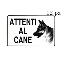 Bs - Cartello Attenti Al Cane 12pz Plastificato Biadesivo Targa Segnelatica 30x20cm