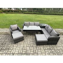 9 Seater Outdoor Rattan Garden Furniture Set Oblong Rectangular Dining Table And Chairs Set With 3 Seater Sofa 2 Big Footstool Side Table Dark Grey 