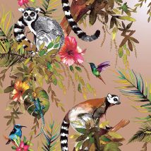 Dutch Wallcoverings - Lemur Wallpaper Rose Gold Tropical Jungle Birds Flowers Floral Trees Animals