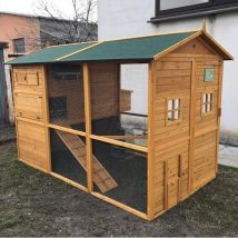 Kit Pollaio Brahma XXXXL Plus – Recinto + Abbeveratoio Automatico + Mangiatoia – 279x189x188 cm – Legno Marrone/Verde