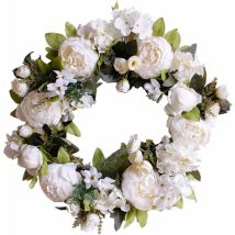 Door Wreath Lights Up Front Door Decoration For Wedding, Birthday, Living Room, 1 Piece (40cm, Milky White Peony)