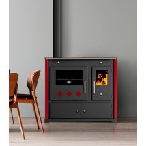 Prometey - Cuisinière À Bois Avec Plaque En Céramique – 9,5 Kw Panneaux Latéraux Rouges, Design Moderne Et Sortie De Fumée À Gauche
