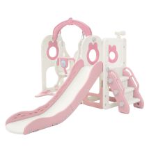 Joyz Tobogán Infantil 5 En 1 Con Columpio, Escalera, Canasta De Baloncesto, Telescopio, Juego De Trepa Multifuncional, Parque Interior Exterior, Rosa/