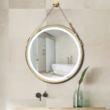 Luvodi - Badspiegel Mit Beleuchtung Rund 60cm Led Badezimmerspiegel Mit Touch Und 3 Lichtfarbe Dimmbar Gold Rahmen Verstellbarer Ledergürtel