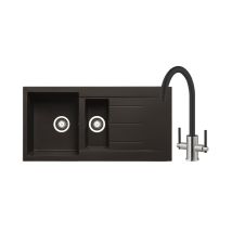 Granite 1.5 Bowl Inset Kitchen Sink With Swan Neck Mixer Tap 1000mm L X 500mm W - Black - Prima