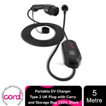 Cord Portable Ev Charger Type 2 Uk Plug W/ Carry & Storage Bag 230v Black, 5m