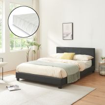 [corium] - Letto Francese Albacete Con Testiera Alta E Materasso 140x200 Cm Similpelle Nero Corium