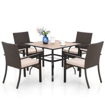 Outdoor Garten Terrasse Balkon Gartenmöbel, 94cm Quadratische Metall Holzähnlich Tisch Mit 4cm Schirmloch Und 4 Polyrattan Sessel Mit Kissen, 
