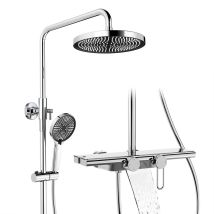 Sistema Doccia Cromato Con Miscelatore E Mensola In Vetro, Set Completo Con 5 Getti Mano, Soffione A Pioggia E Uscita Inferiore, Doccia Moderna Per 