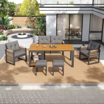 Salon De Jardin Moderne Avec Table Et Coussins - Cadre Métal, Accoudoirs Tressés