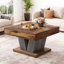 Tribesigns Square Coffee Table, Wood Coffee Table For Living Room, 80 Cm Modern Center Table Tea Table Accent Table, Rustic Brown & Black