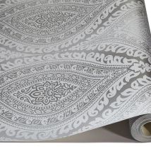 Grandeco - Kismet Damask Pattern Wallpaper Metallic Glitter Motif Art Deco (silver A17703)