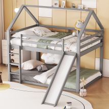 Litera De 140x200 Cm, Cama Infantil, Cama Cabaña, Con Tobogán Y Escalera, De Pino, Gris, Sin Colchón