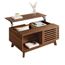 Table Basse Moderne Rétro Avec Plateau Relevable, Porte Tambour Coulissante, Finition Noyer, Structure En Mdf, Table De Salon Multifonction