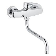 Wand-Spültischmischer Alpha 100 – Messing – Verchromt – 360° Schwenkauslauf – 200 mm Ausladung – 215 mm Höhe – 2-löchig – Hergestellt in Deutschland