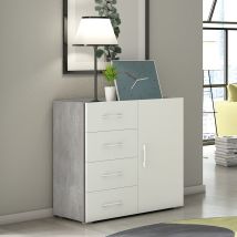 Terraneo Mobile Multifunzionale 4 Cassetti E Anta Bianco - Effetto Cemento - 90x41x87 Cm