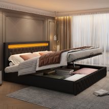 Cama Canapé Para Adulto 140x190 Cm Tapizada Con Canapé Hidráulico, Somier De Láminas E Iluminación Led, Tapizado Pu Negro