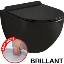 Schwarzes, Glänzendes, Wandhängendes Wc Ohne Flansch Unsichtbaren Befestigungen + Ultradünner, Abklappbarer Sitz + Fallbremse.