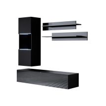 Ensemble De Meubles Tv Mur De Rangement Meuble Salon Suspendu Avec Led Modèle Luke 6b Noir Finition Brillante