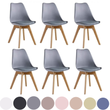 Juego De 6 Sillas De Comedor Lorenzo Retro: Piel Sintética Acolchada, Cuerpo De Plástico Y Patas De Madera Maciza: Gris