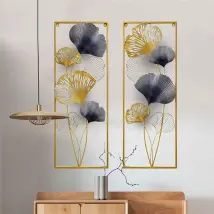 Wandbild Ginkgo Blätter Skulptur Wandschmuck Metall Wanddeko 2pcs 85×31×5cm Gold